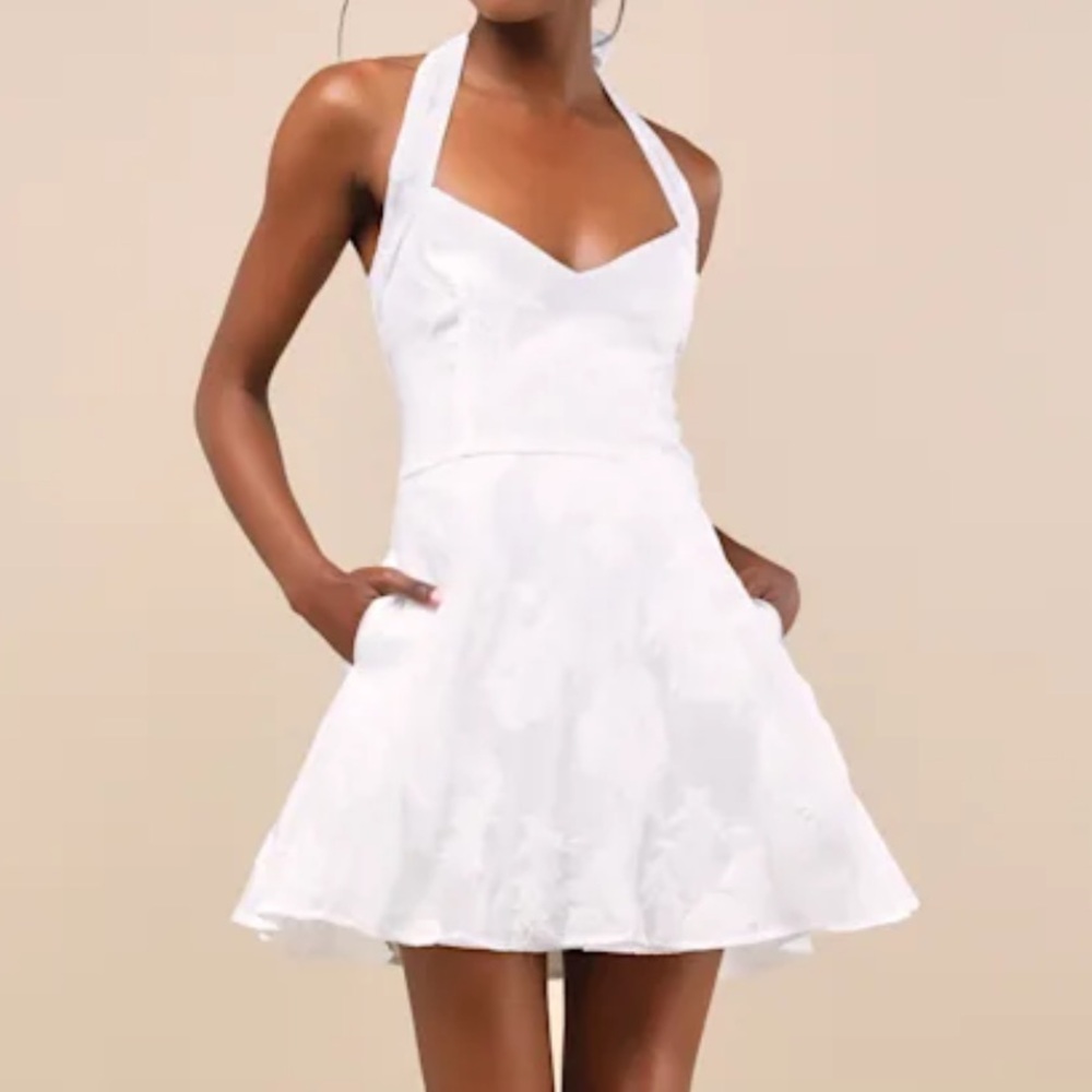 Lulus Bonni Floral Jacquard Halter Women’s Mini Dress -White/ XS